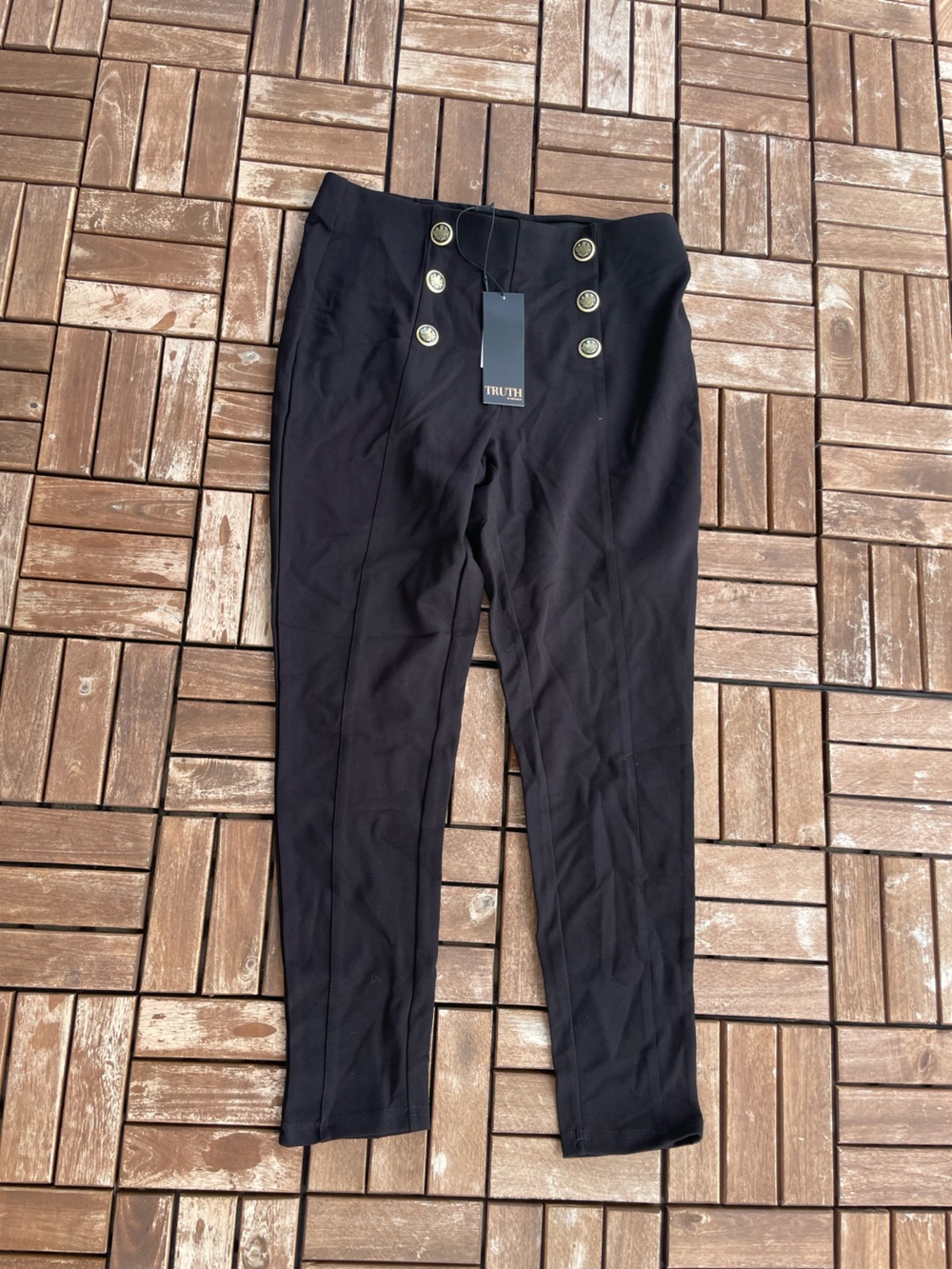 Truth Navy High-Waist Ankle Pants with Decorative Buttons